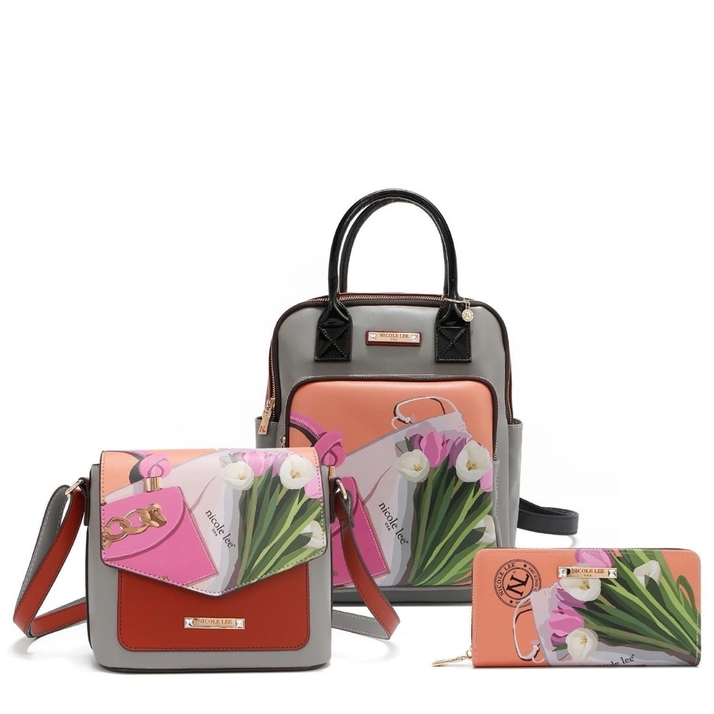 Nicole Lee Floral Crossbody Bag Set - Gray, Orange, Pink